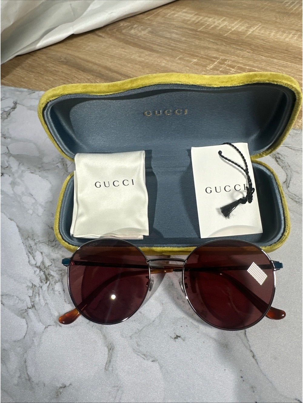 Gucci GG0574SK 005 Round Metal Sunglasses Gunmetal Blue Burgundy Lens 55mm Italy